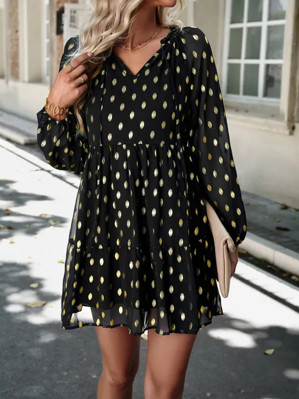 Gold Dot Chiffon V Neck Long Sleeve Tiered Dress