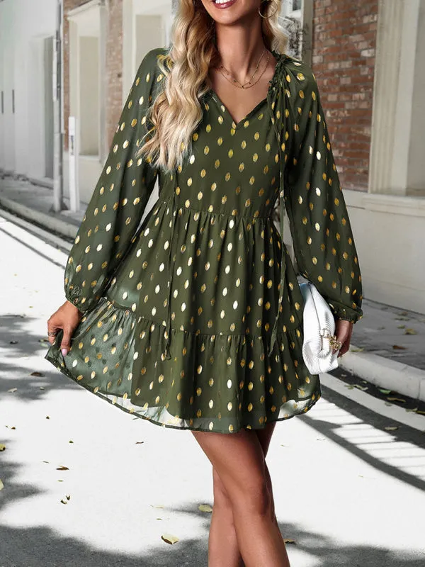 Gold Dot Chiffon V Neck Long Sleeve Tiered Dress