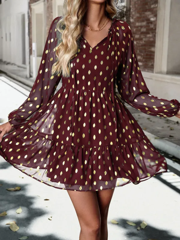 Gold Dot Chiffon V Neck Long Sleeve Tiered Dress