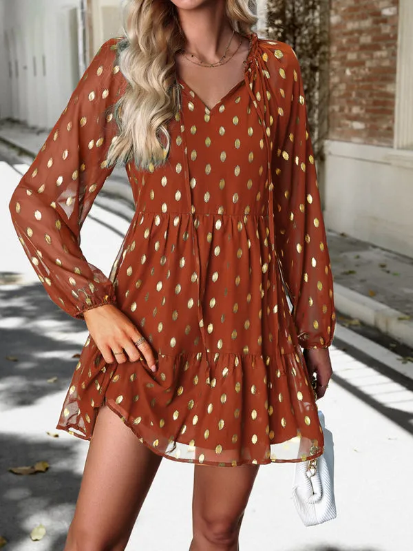 Gold Dot Chiffon V Neck Long Sleeve Tiered Dress