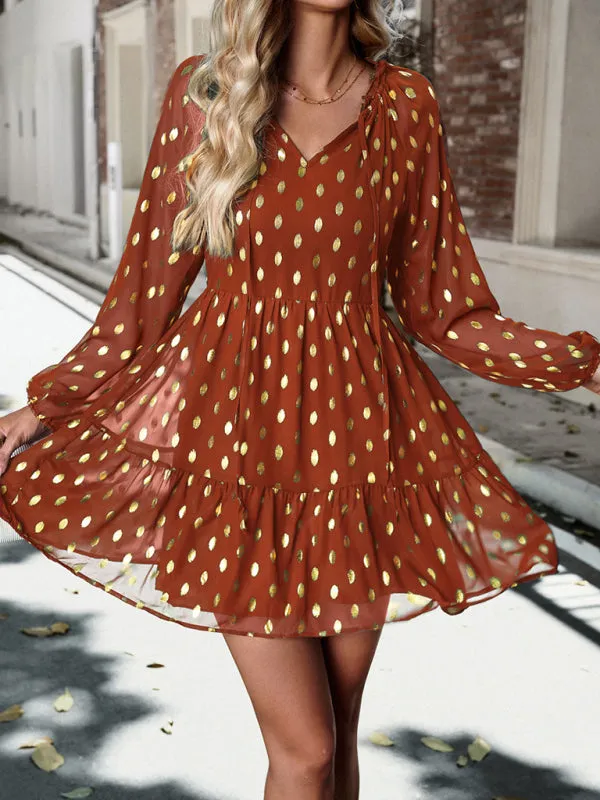 Gold Dot Chiffon V Neck Long Sleeve Tiered Dress