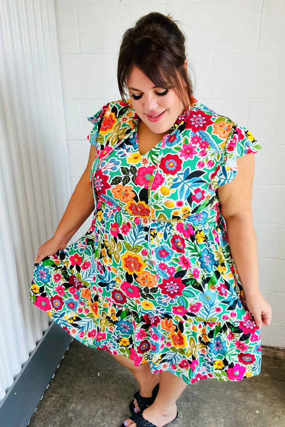 Green & Fuchsia Floral Fit and Flare Dress