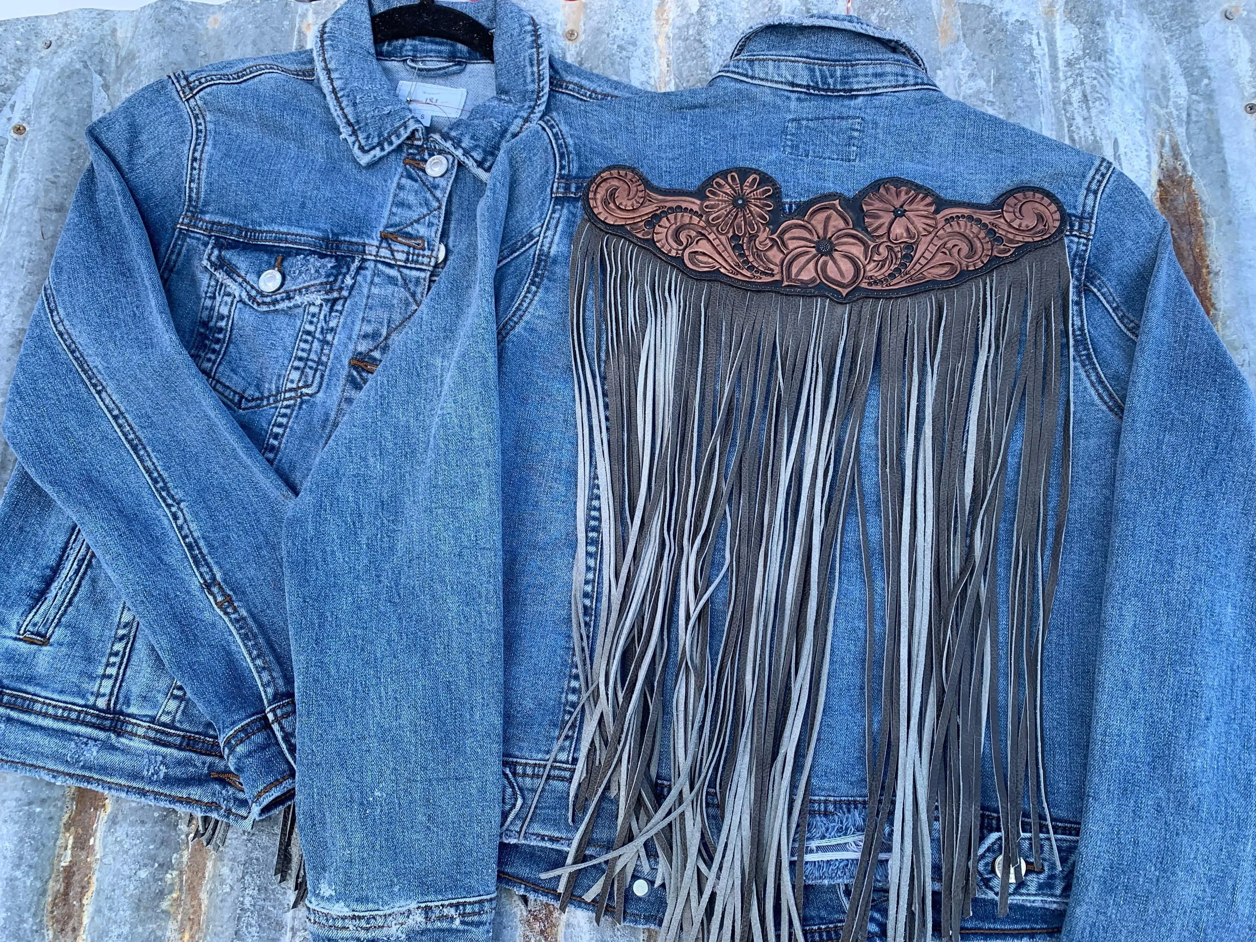 Handtooled Leather Denim Jacket in Black and Grey with Xtra Long Fringe