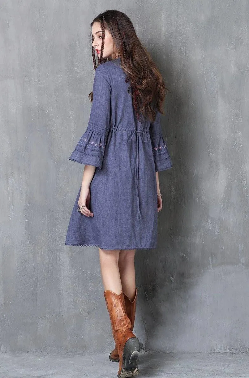 High Waist Flower Embroidery Flare Sleeve Denim Dress