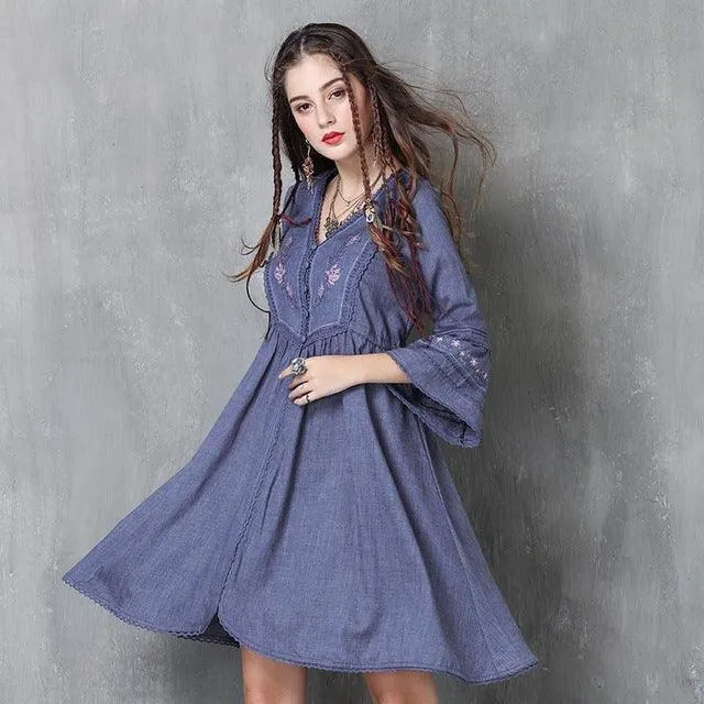 High Waist Flower Embroidery Flare Sleeve Denim Dress