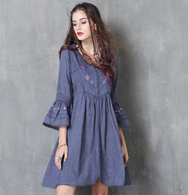 High Waist Flower Embroidery Flare Sleeve Denim Dress