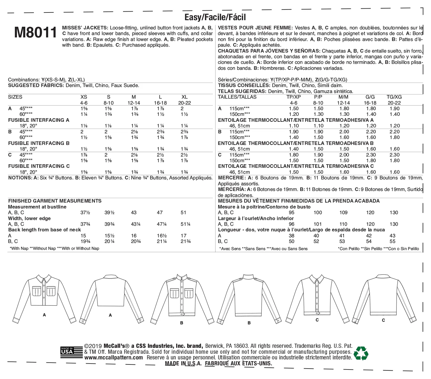 M8011 Misses' Jackets