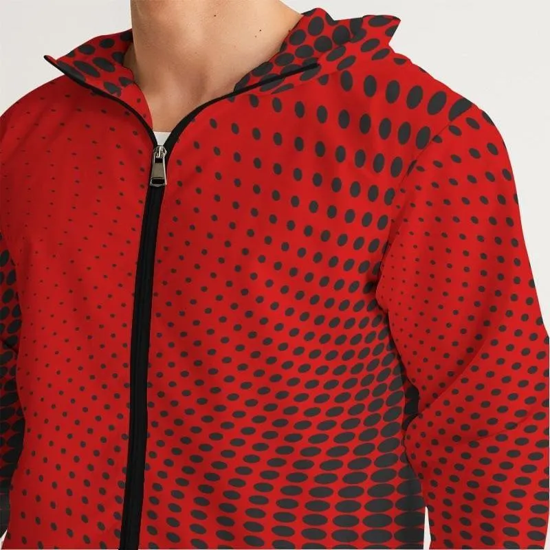 Mens Hooded Windbreaker, Red Polka Dot Water