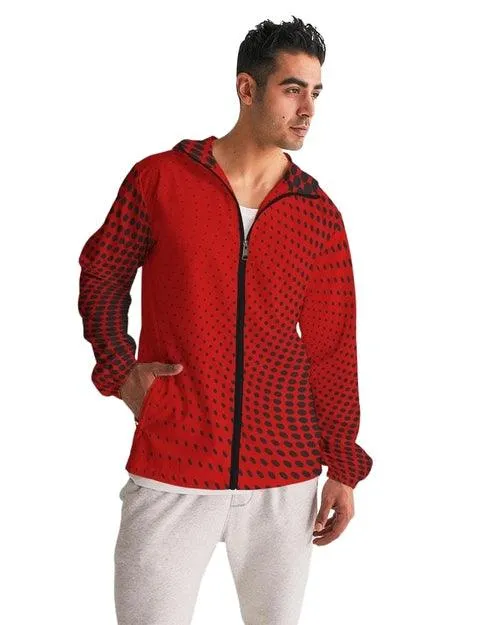 Mens Hooded Windbreaker, Red Polka Dot Water