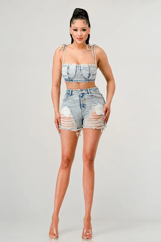 No Strings Attached distressed denim set