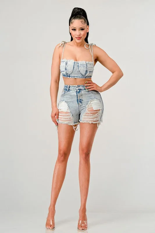 No Strings Attached distressed denim set