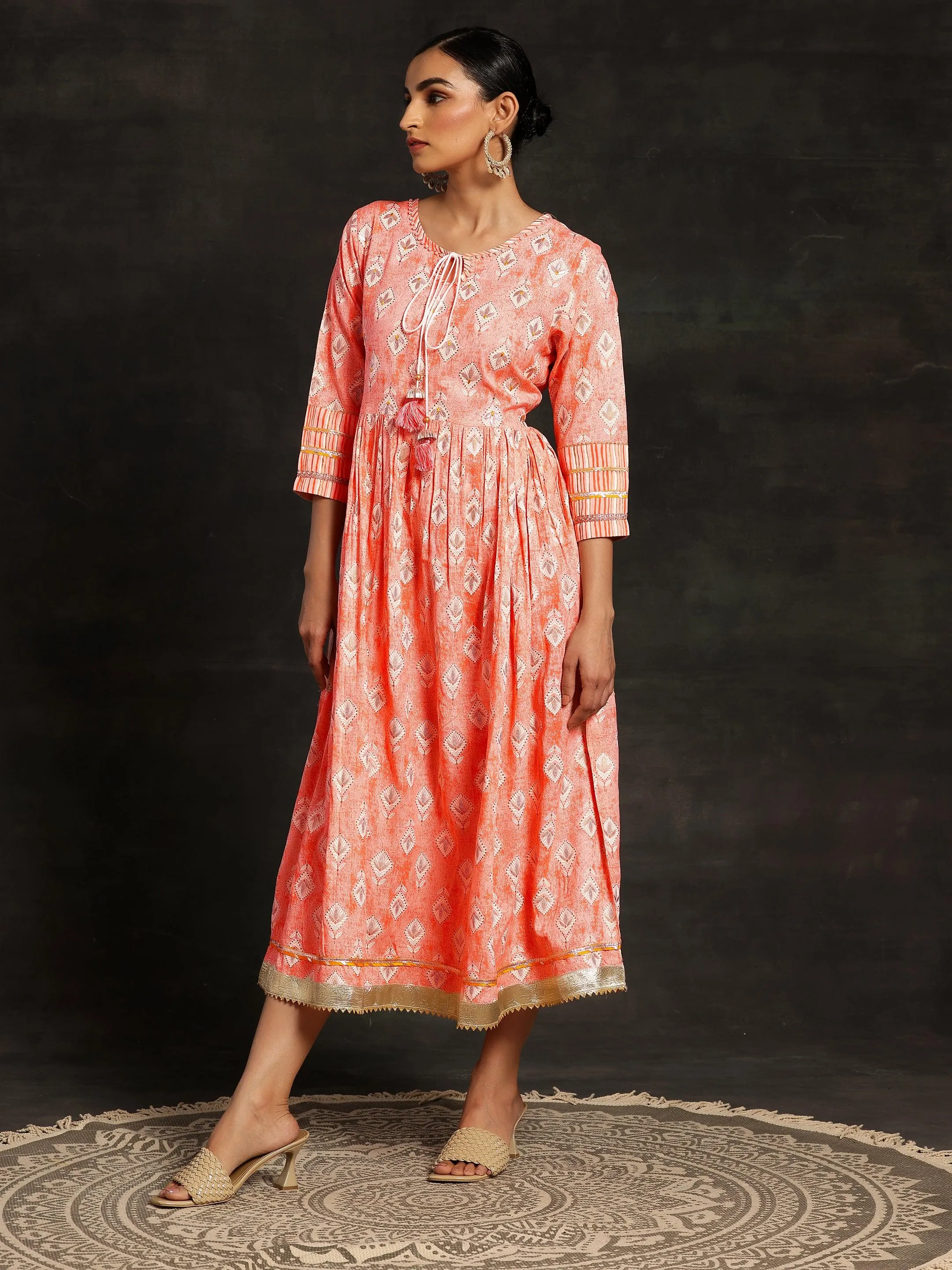 Peach Printed Cotton Fit and Flare Dress