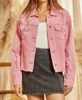 Pink Jean Jacket with Pearl Embellishments