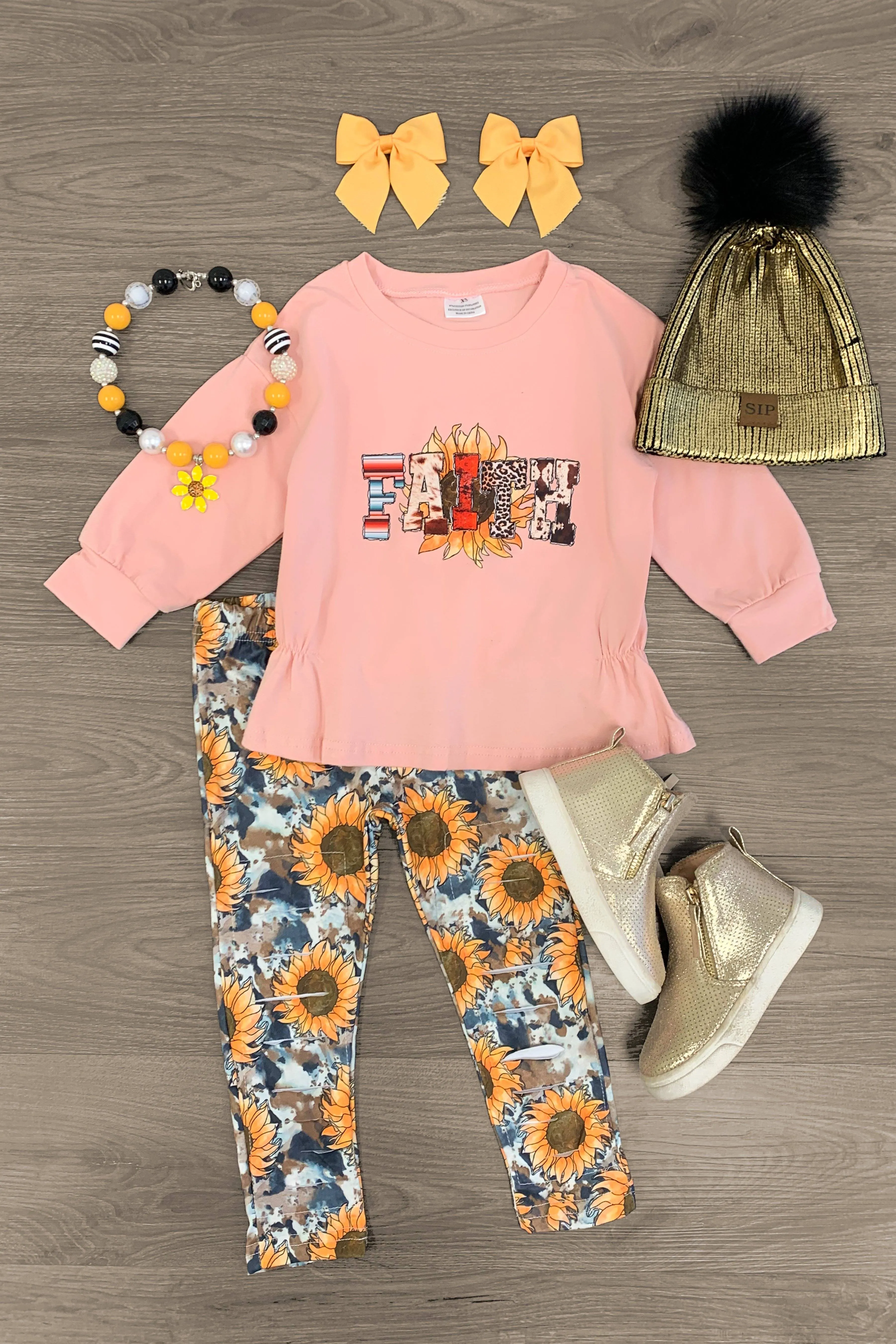 "Faith" Blush Sunflower Distressed Legging Set