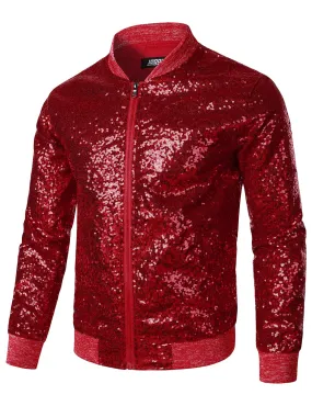 Red Men's Sequin Long Sleeve Bomber Jacket