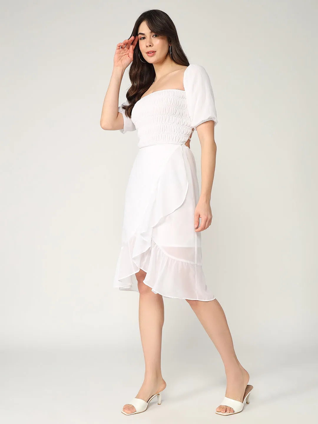 Solid Fit And Flare Summer Dress With Smocked Elasticised Bodice