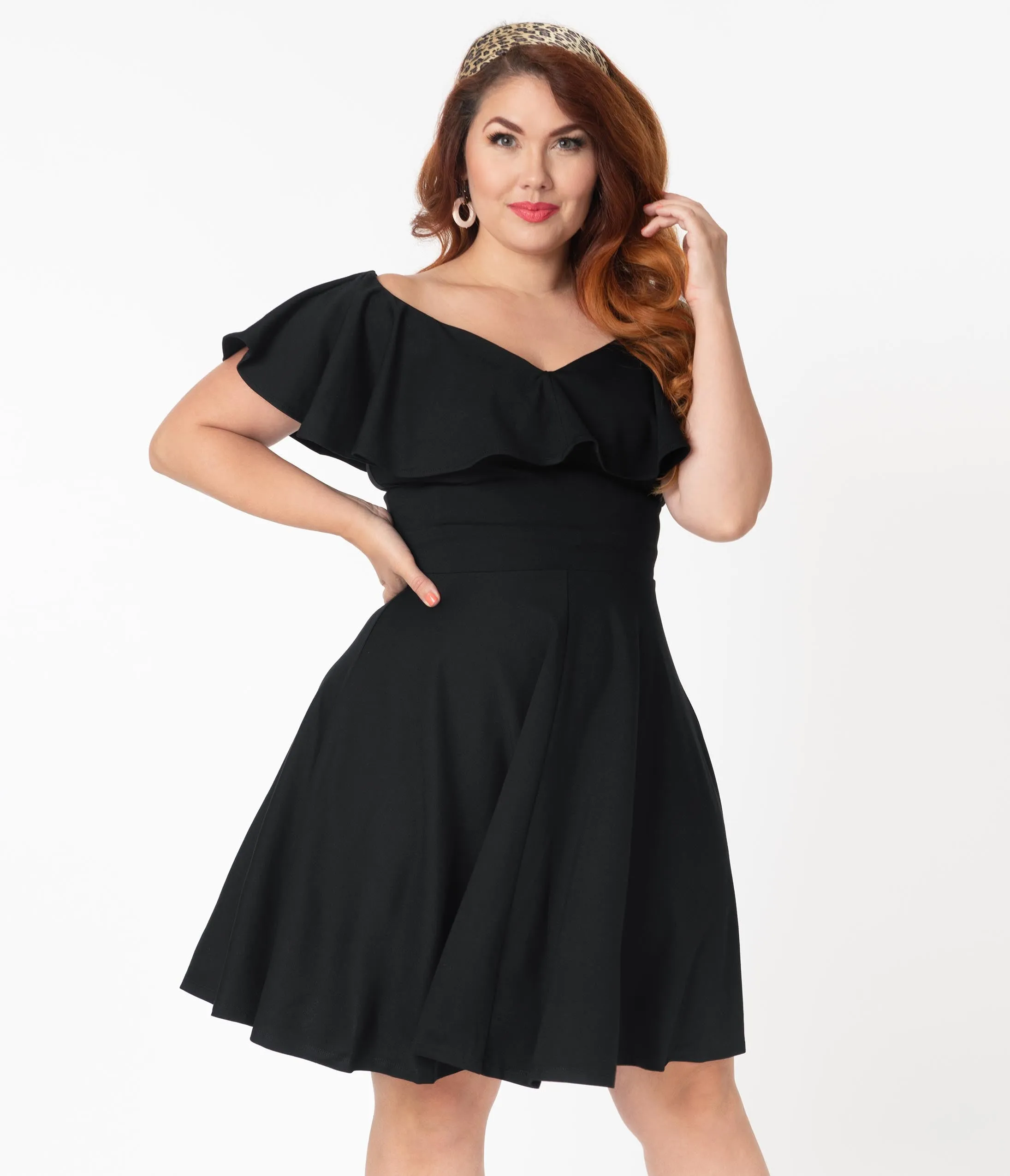 Unique Vintage Plus Size Black Off Shoulder Ruffle Gidget Fit & Flare Dress