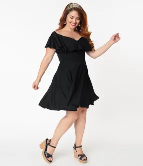 Unique Vintage Plus Size Black Off Shoulder Ruffle Gidget Fit & Flare Dress