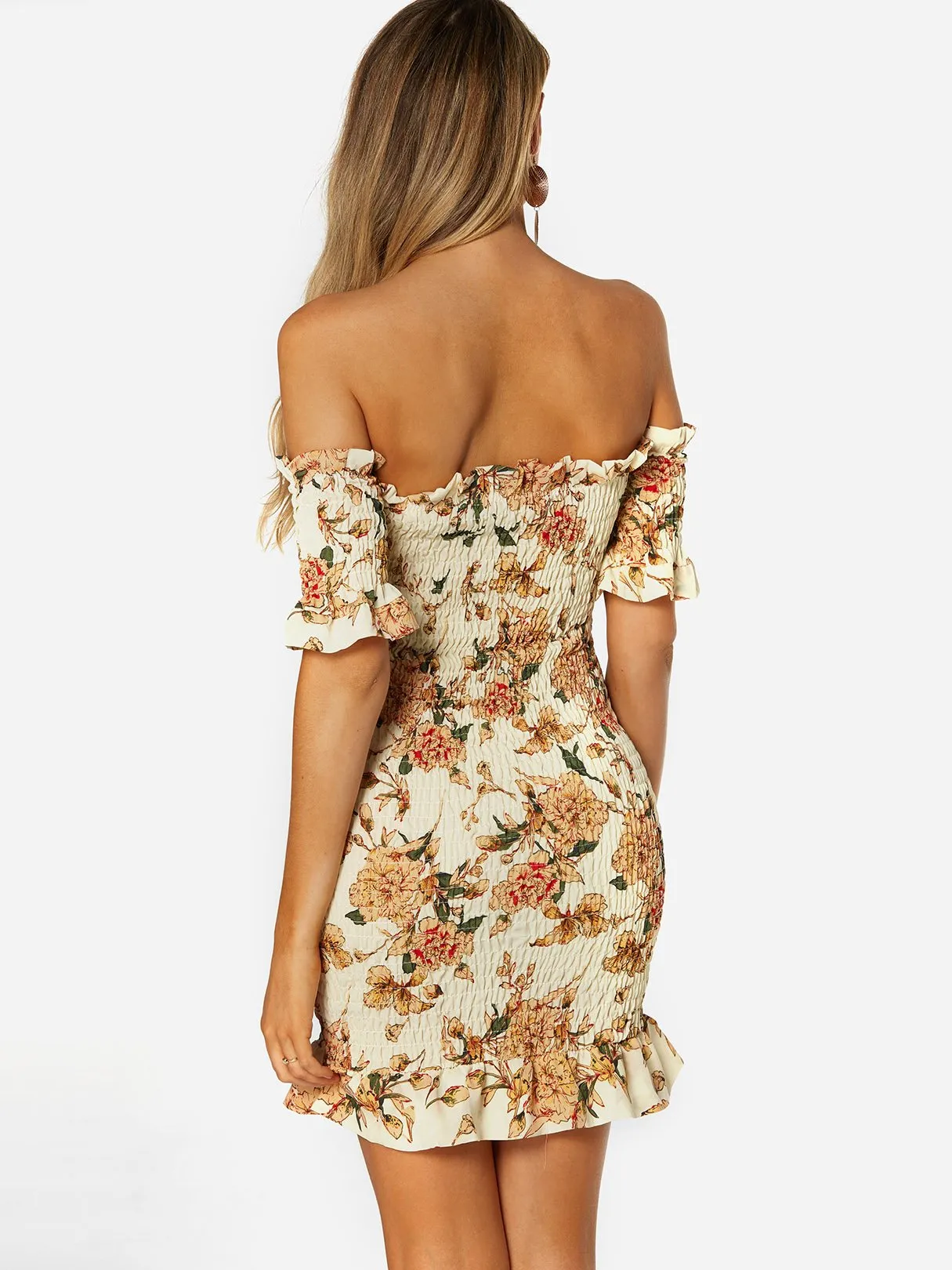 Wholesale Apricot Off The Shoulder Short Sleeve Floral Print Flounced Hem Dresses