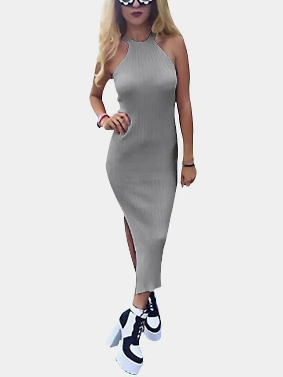 Wholesale Grey Halter Sleeveless Slit Irregular Hem Dresses