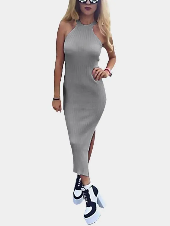 Wholesale Grey Halter Sleeveless Slit Irregular Hem Dresses