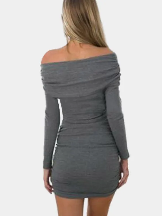 Wholesale Grey Off Shoulder Long Sleeve Plain Dresses