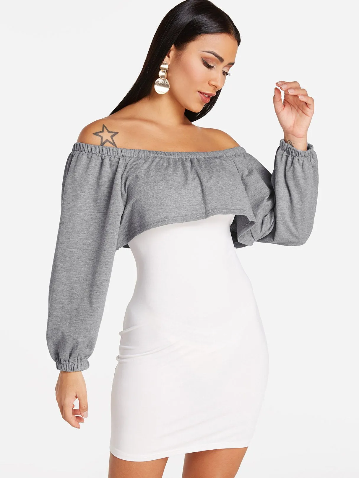 Wholesale Grey Off The Shoulder Long Sleeve Plain Bodycon Hem Dresses