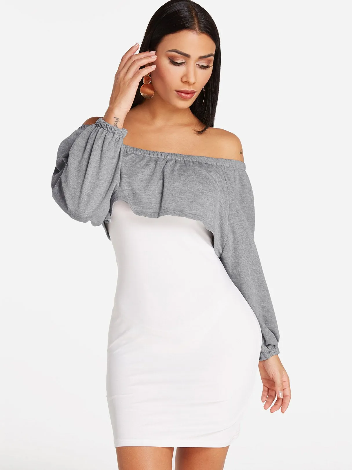 Wholesale Grey Off The Shoulder Long Sleeve Plain Bodycon Hem Dresses