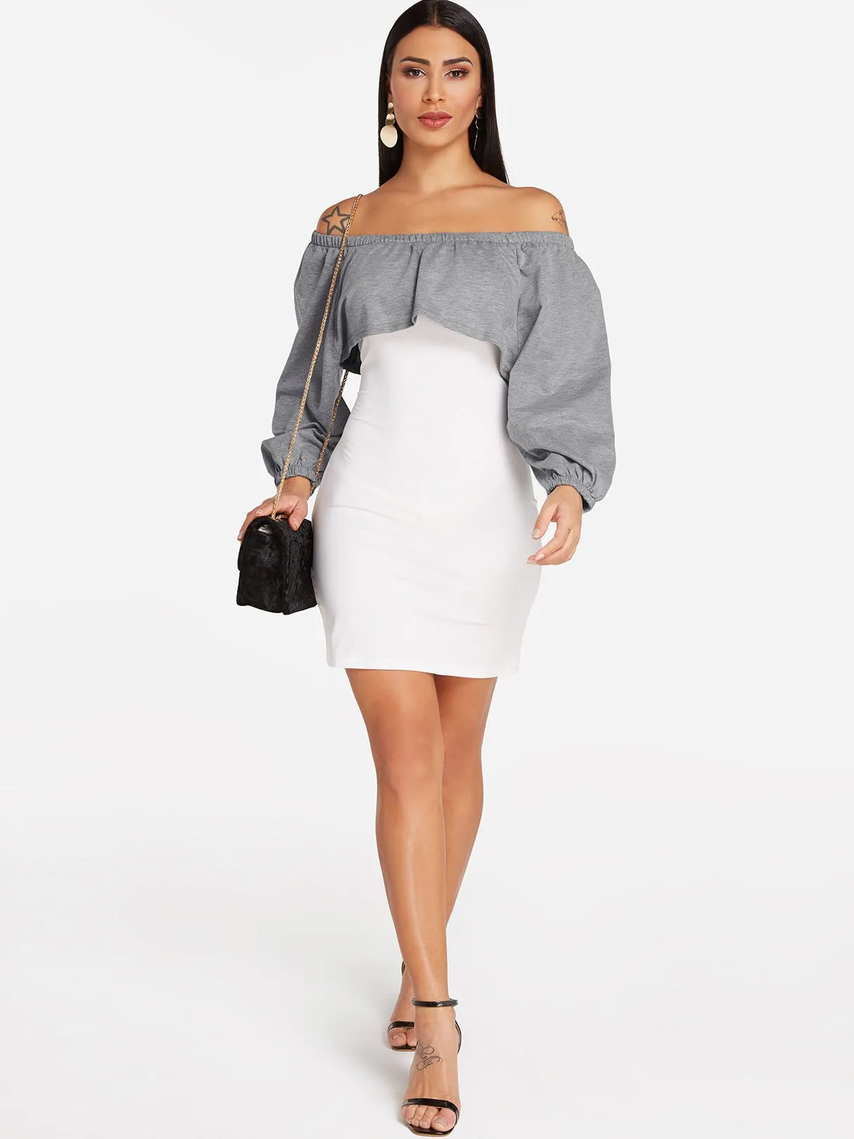 Wholesale Grey Off The Shoulder Long Sleeve Plain Bodycon Hem Dresses