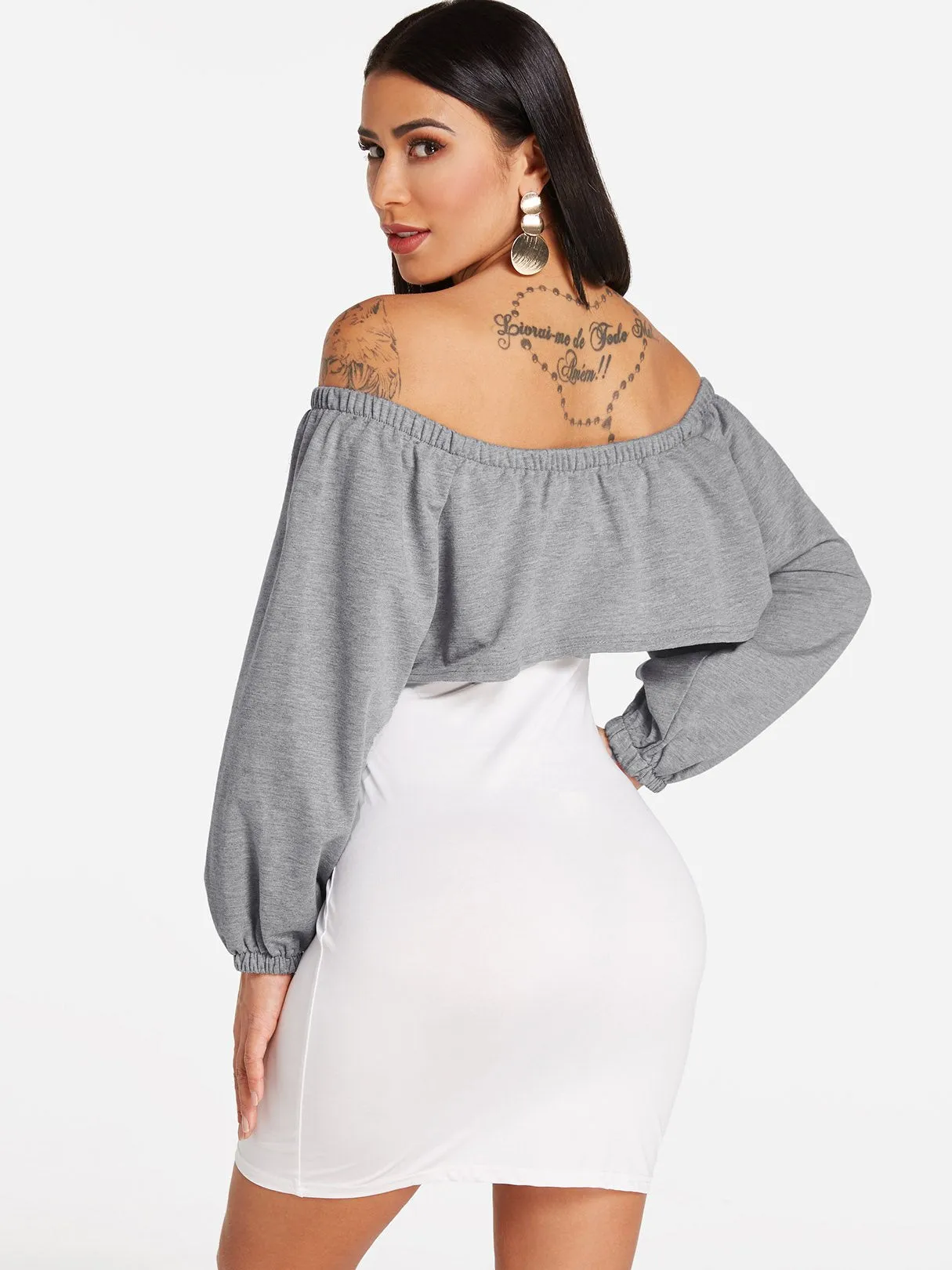 Wholesale Grey Off The Shoulder Long Sleeve Plain Bodycon Hem Dresses