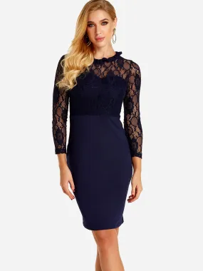 Wholesale Navy Crew Neck Long Sleeve Lace Zip Back See Through Bodycon Dresses