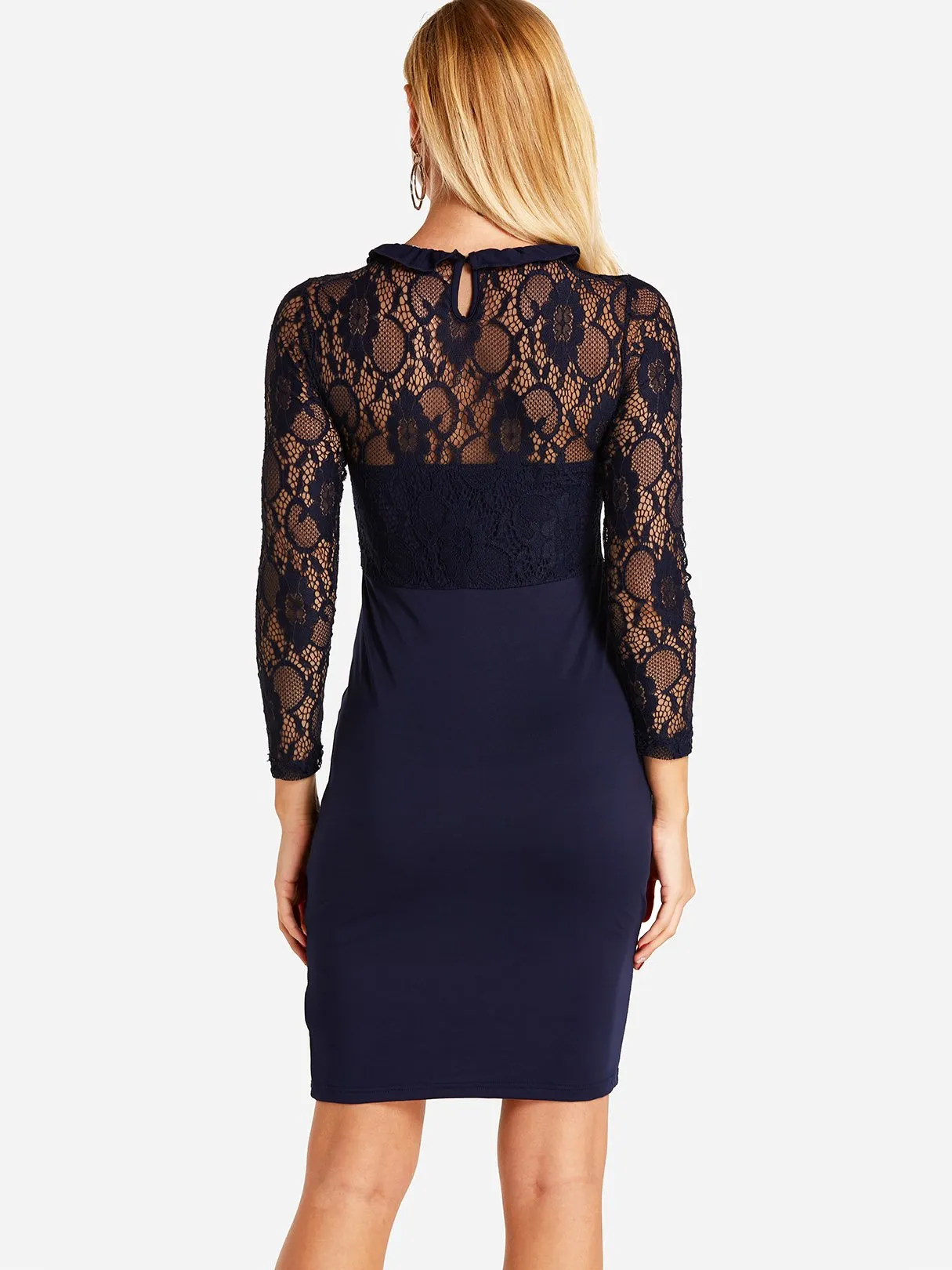 Wholesale Navy Crew Neck Long Sleeve Lace Zip Back See Through Bodycon Dresses