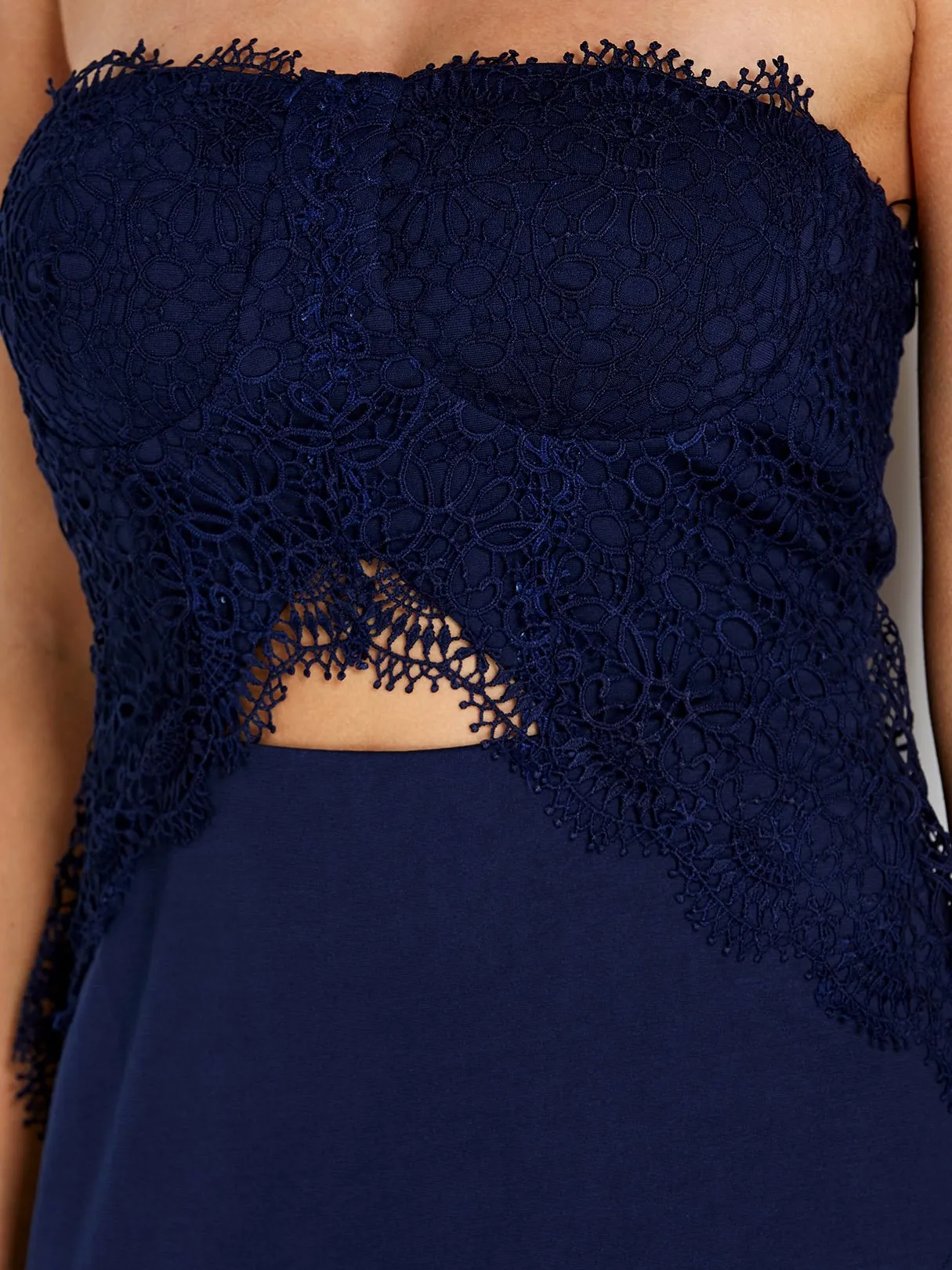 Wholesale Navy Tube Top Off The Shoulder Sleeveless Lace Zip Back Cut Out Irregular Hem Dresses