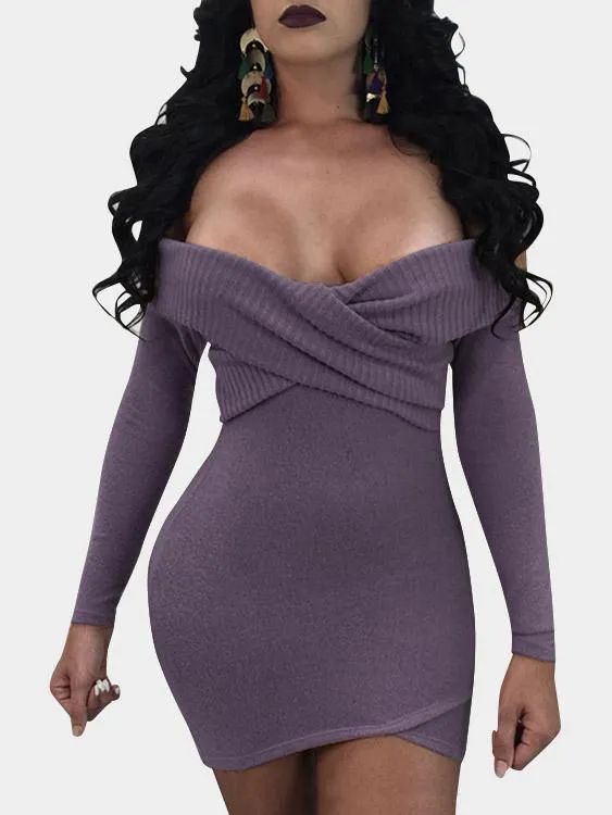 Wholesale Off The Shoulder Long Sleeve Plain Crossed Front Backless Dresses