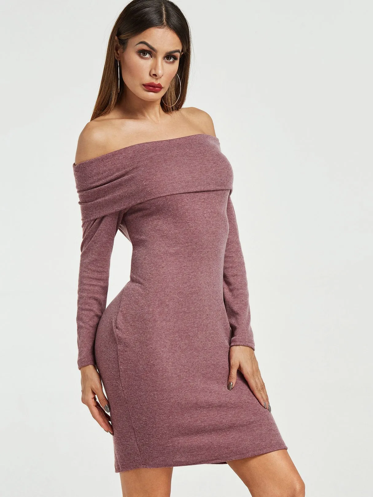 Wholesale Off The Shoulder Long Sleeve Slit Hem Dresses