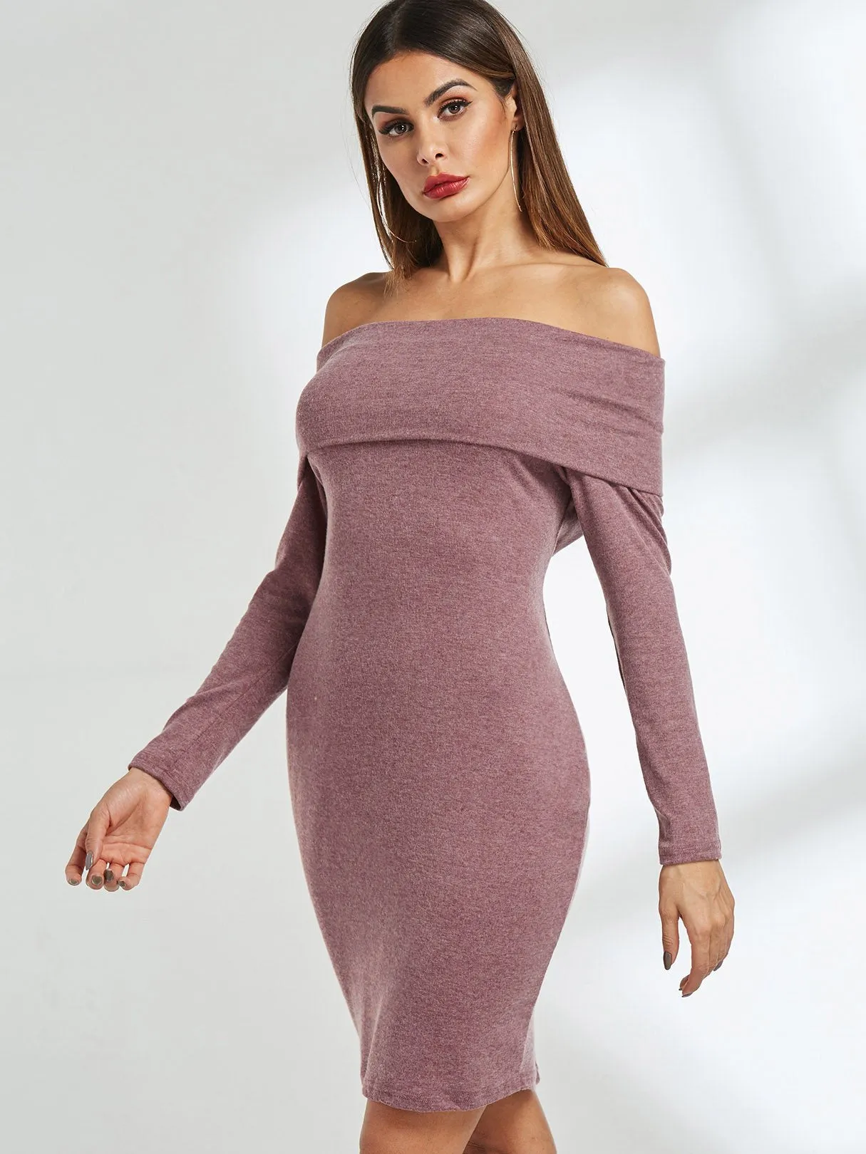 Wholesale Off The Shoulder Long Sleeve Slit Hem Dresses