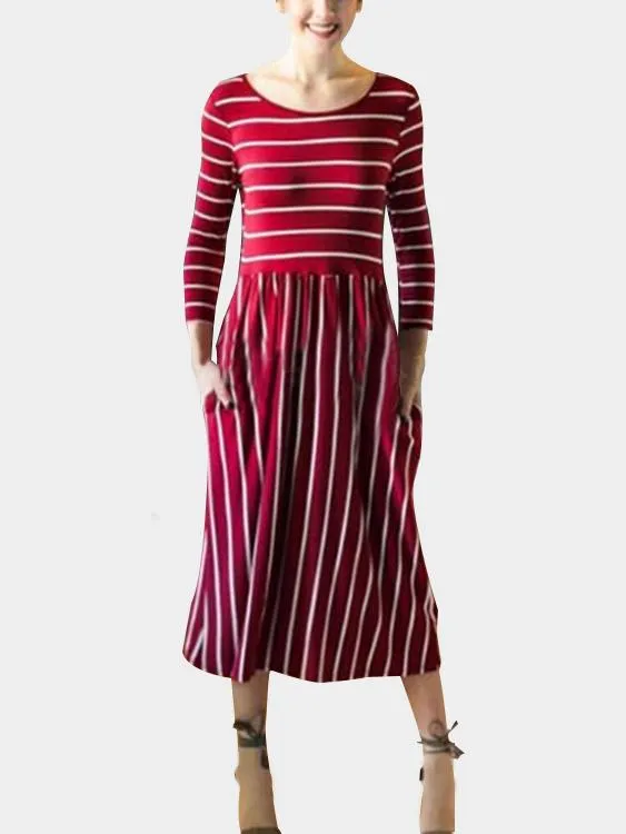 Wholesale Round Neck 3/4 Length Sleeve Stripe Ruffle Hem Dresses