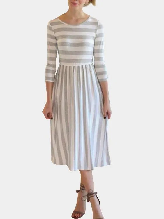 Wholesale Round Neck 3/4 Length Sleeve Stripe Ruffle Hem Dresses