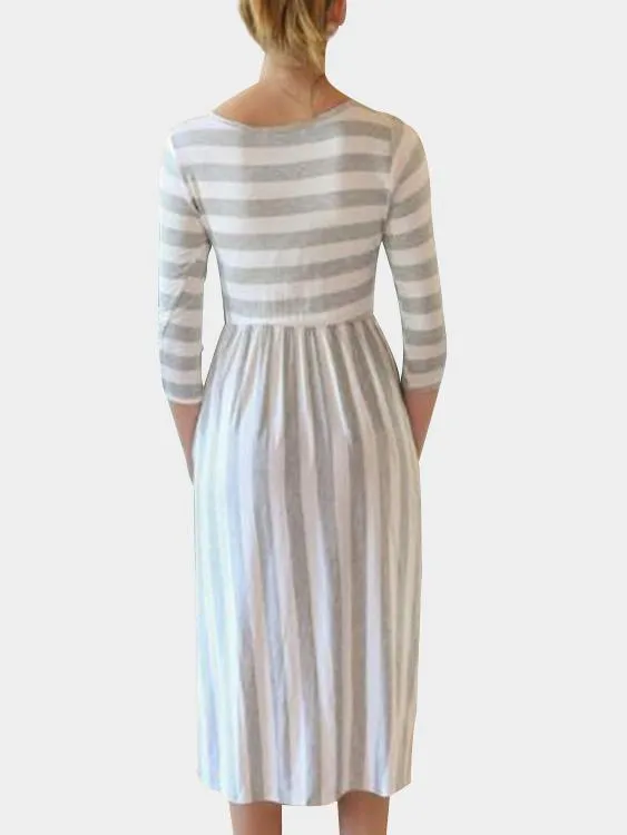 Wholesale Round Neck 3/4 Length Sleeve Stripe Ruffle Hem Dresses