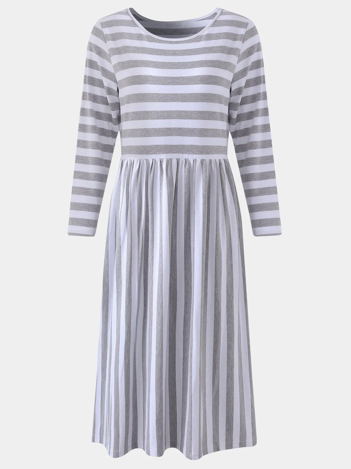 Wholesale Round Neck 3/4 Length Sleeve Stripe Ruffle Hem Dresses