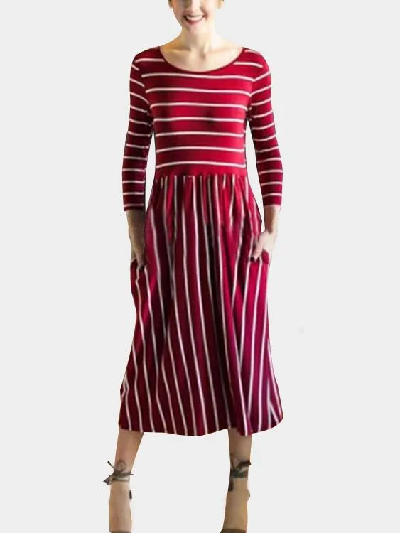 Wholesale Round Neck 3/4 Length Sleeve Stripe Ruffle Hem Dresses