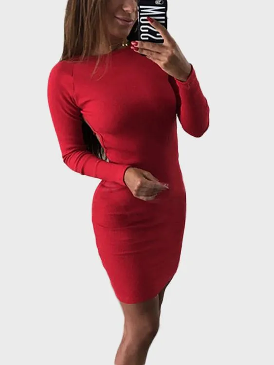 Wholesale Round Neck Long Sleeve Plain Backless Dresses