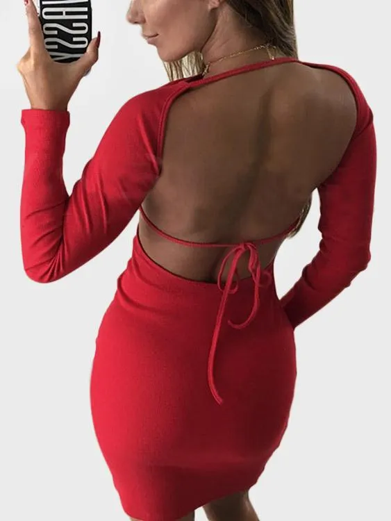 Wholesale Round Neck Long Sleeve Plain Backless Dresses