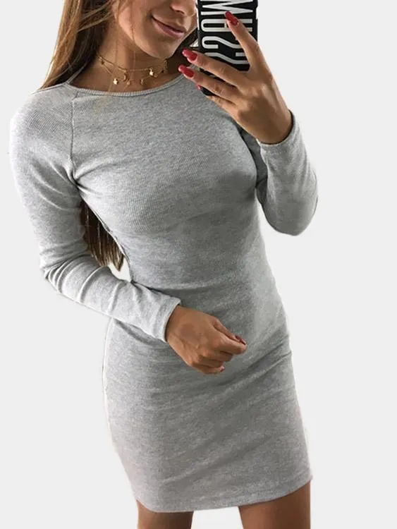 Wholesale Round Neck Long Sleeve Plain Backless Dresses