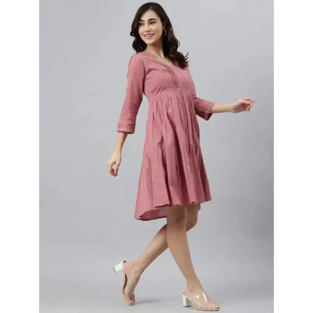 Women Cotton Fit and Flare Pink Dress