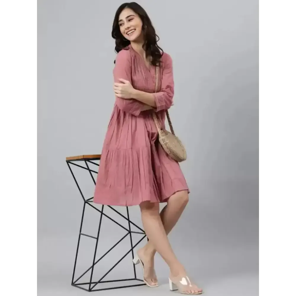 Women Cotton Fit and Flare Pink Dress