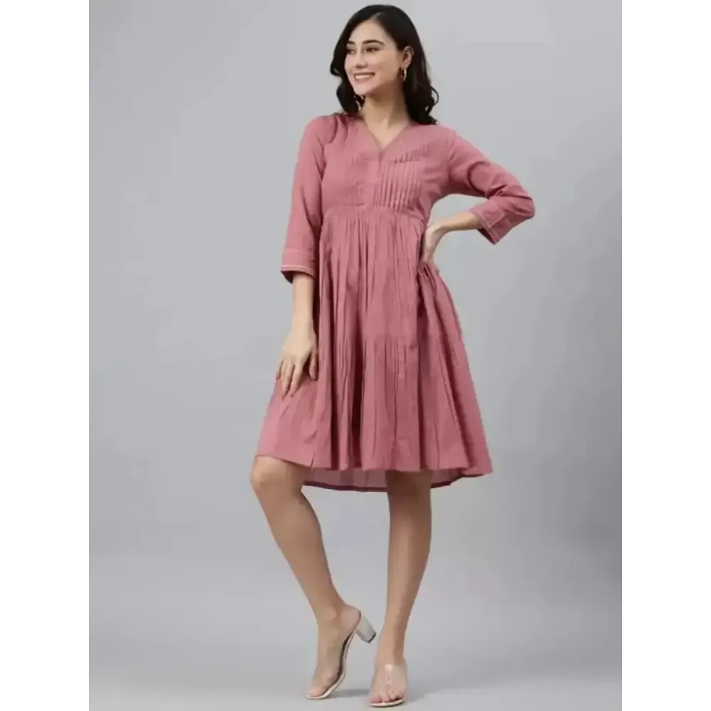 Women Cotton Fit and Flare Pink Dress