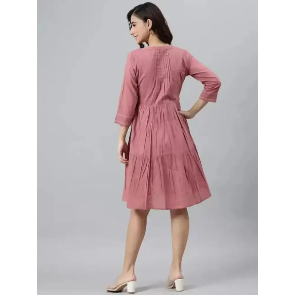 Women Cotton Fit and Flare Pink Dress