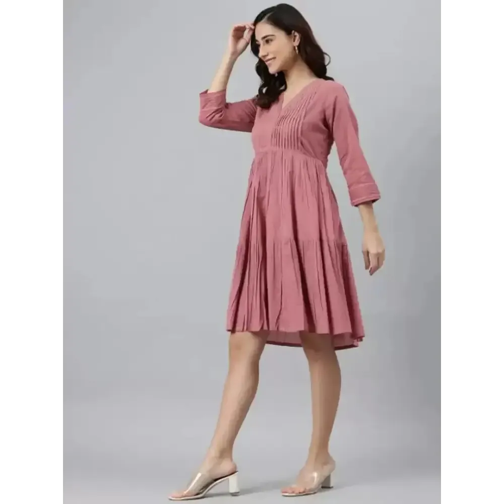 Women Cotton Fit and Flare Pink Dress