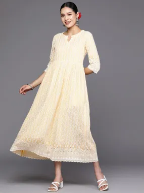 Yellow Embroidered Cotton Fit and Flare Dress